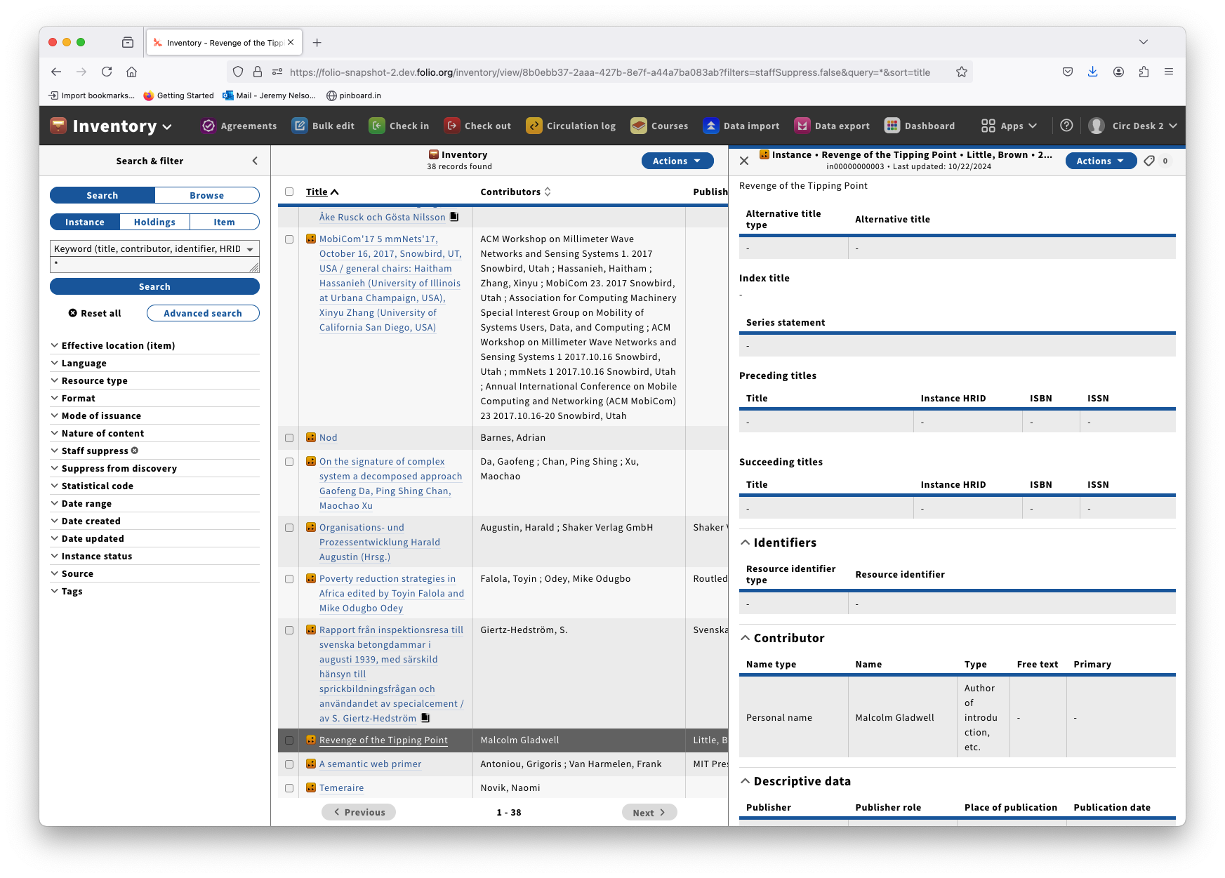 FOLIO Inventory screenshot of the Revenge of the Tipping Point Instance