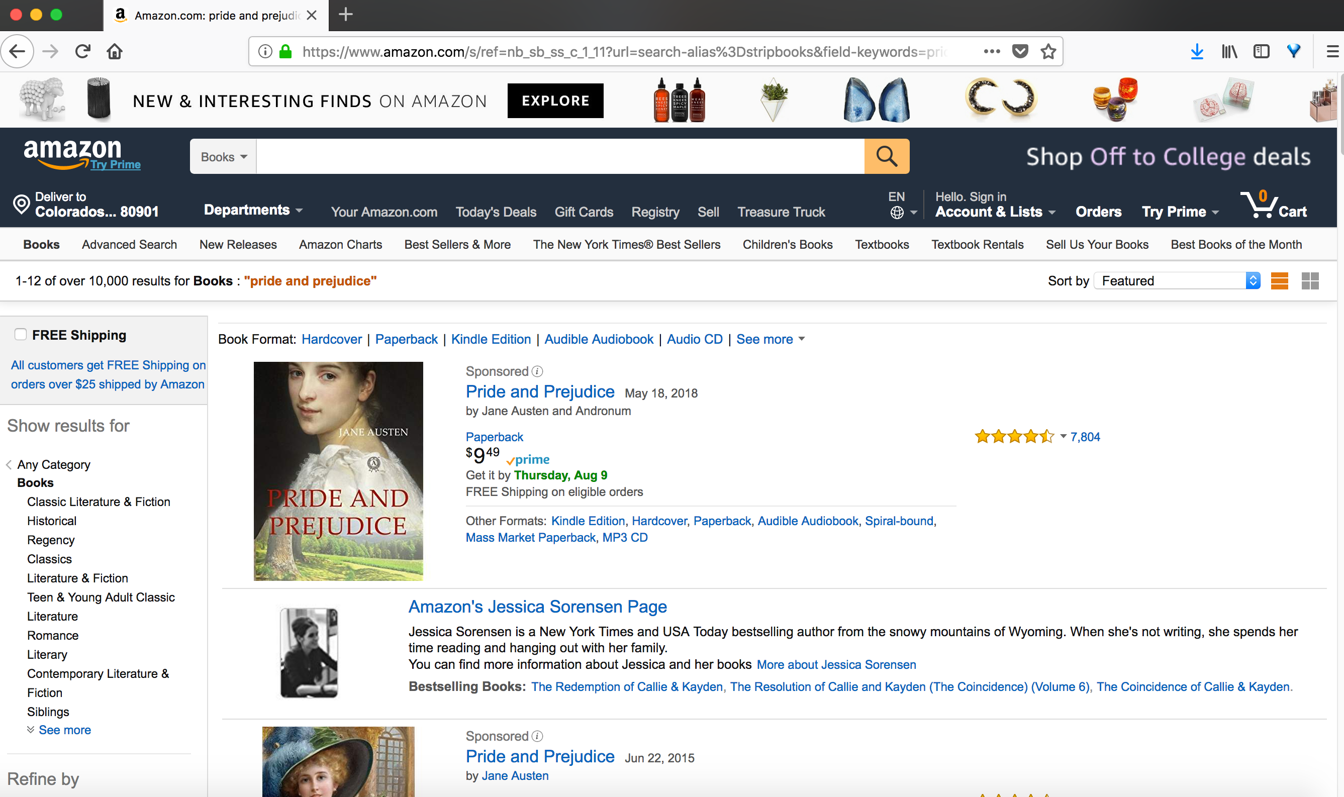 Screen shot of Amazon web site display of Pride and Prejudice search results