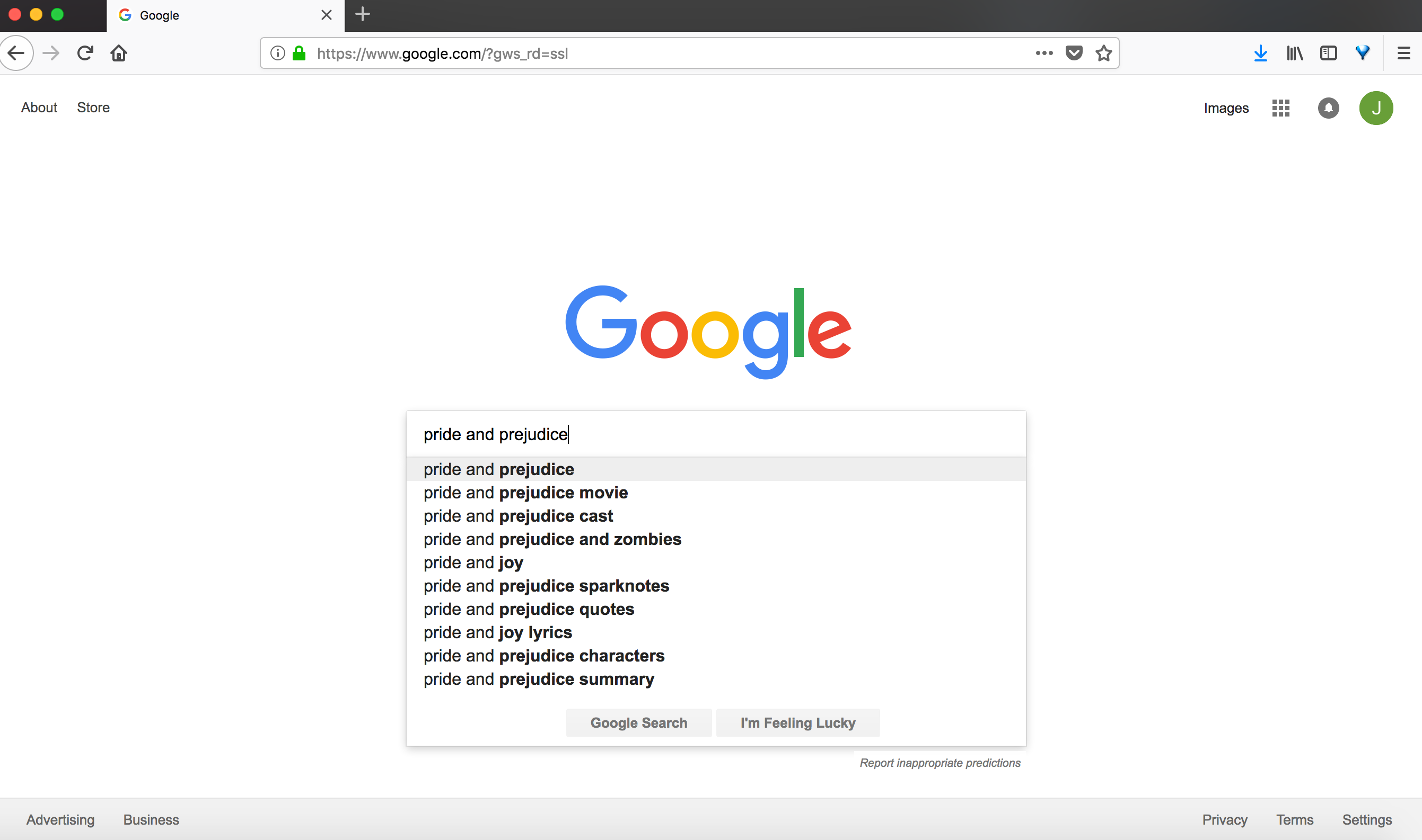 Screen shot of Google search of Pride and Prejudice